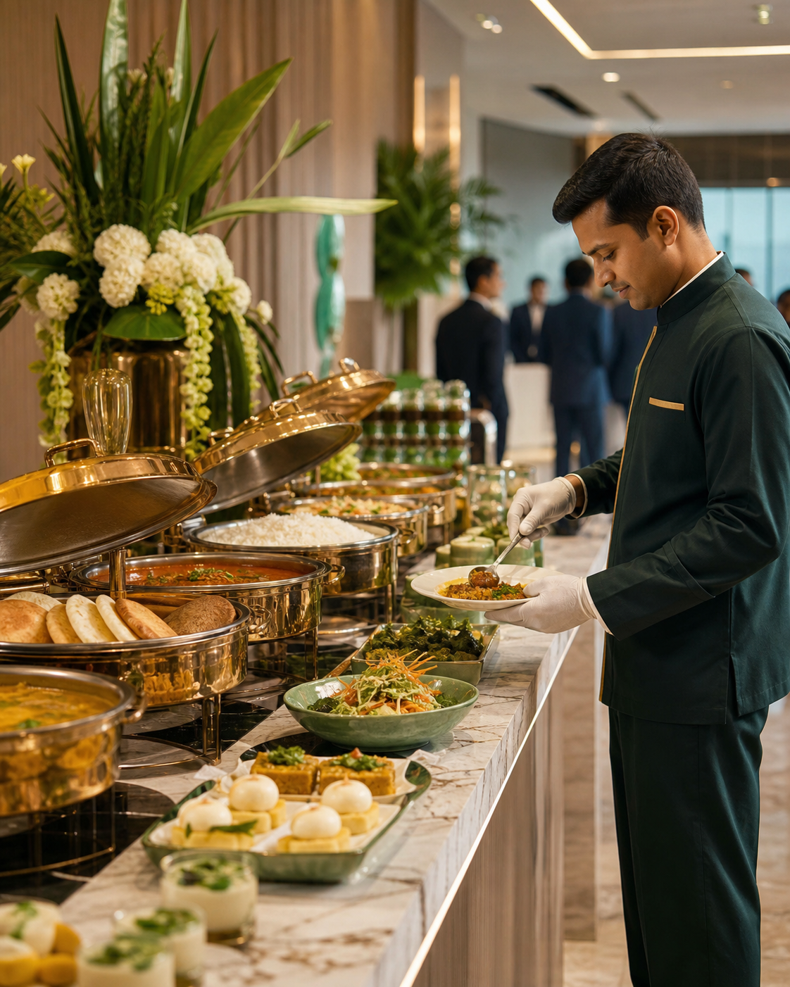 Premium corporate catering buffet with polished chafing dishes and a uniformed server