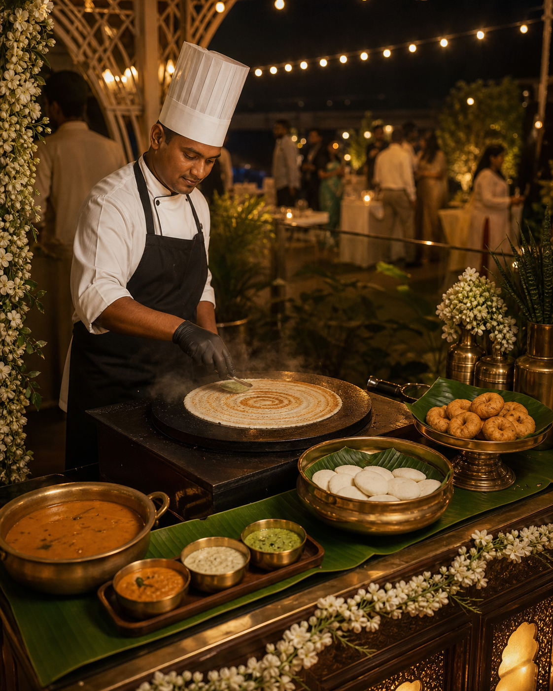 Chef preparing dosa at a refined live counter for a private celebration