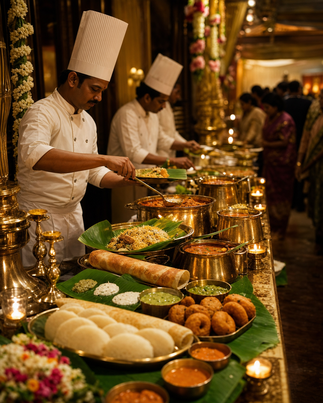 Luxury South Indian wedding catering buffet with brass serveware and professional service